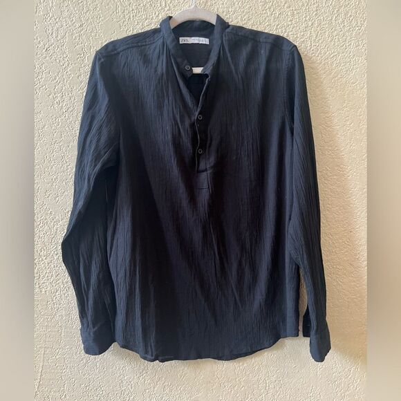 Zara Mandarin Collar Tunic Top Sz Medium Black Gauzy Cotton 4 Buttons Light - Picture 2 of 9